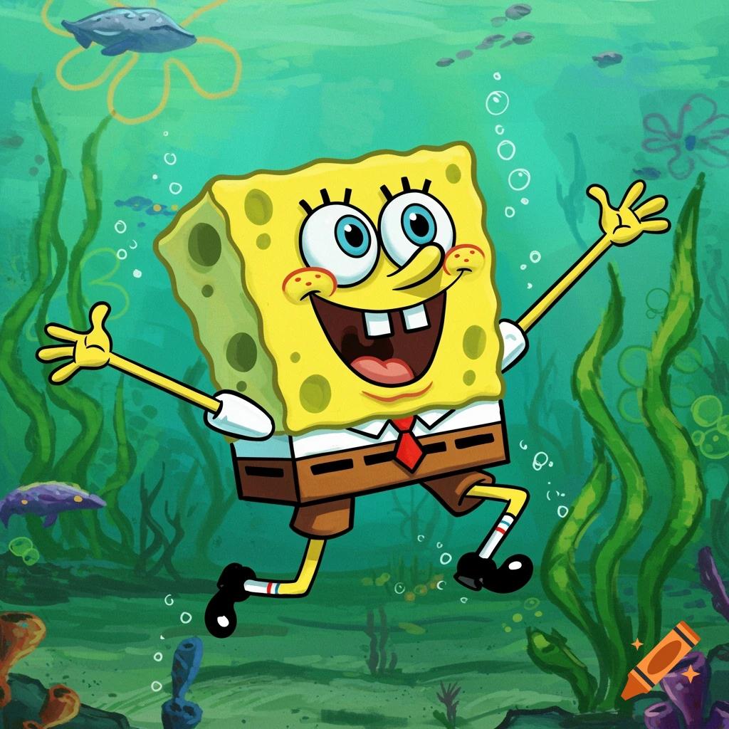 Spongebob Squarepants jumps underwater in Bikini Bottom, a joyful cartoon in vibrant colors.