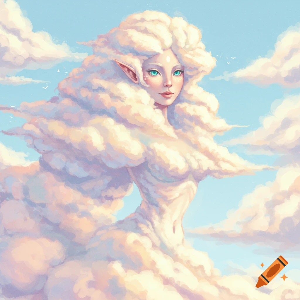 A female figure made of clouds with elf ears, against a blue sky.