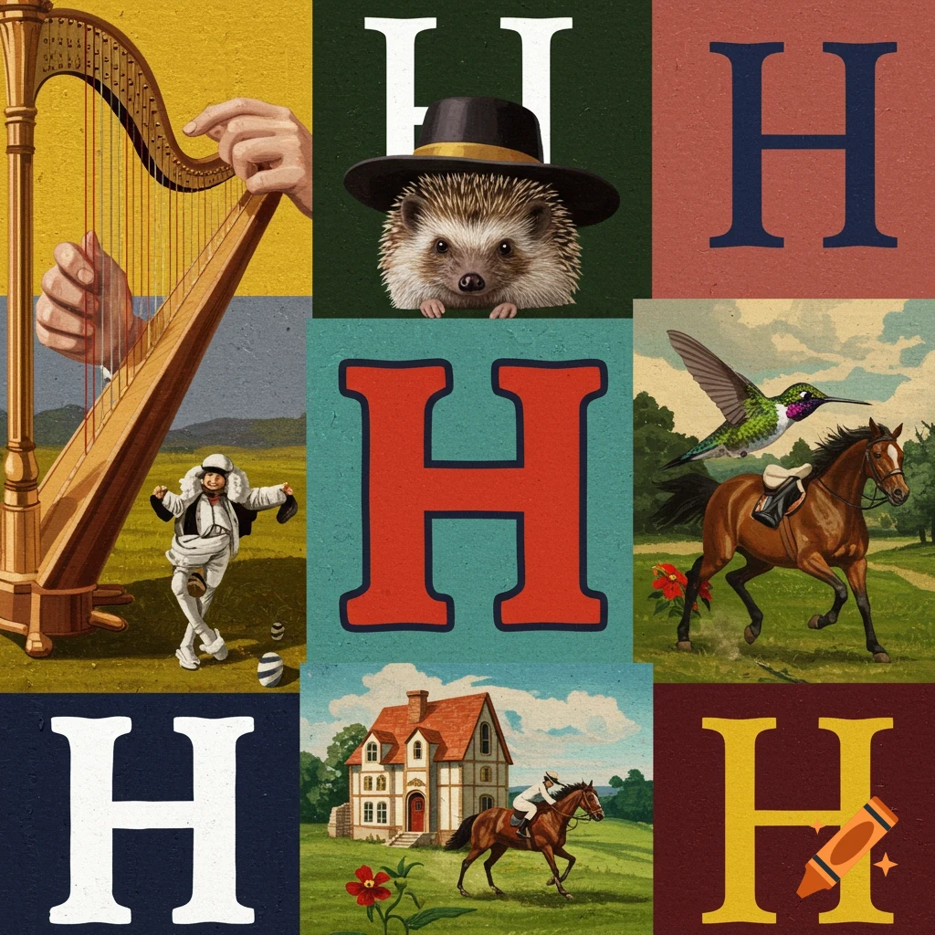 Vintage style collage in a 3x3 grid featuring items starting with H: harp, hedgehog, dancer, hummingbird, horses, house, and letters H.