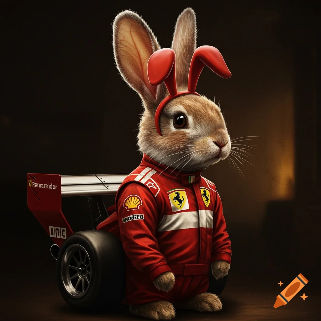 A rabbit in a red Ferrari racing suit and red bunny ears sits next to a racing wheel and wing in Rembrandt style.