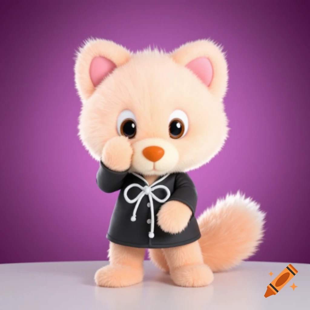 A cute, fuzzy cartoon animal character with big eyes, wearing a black coat with a white bow, standing against a purple background.