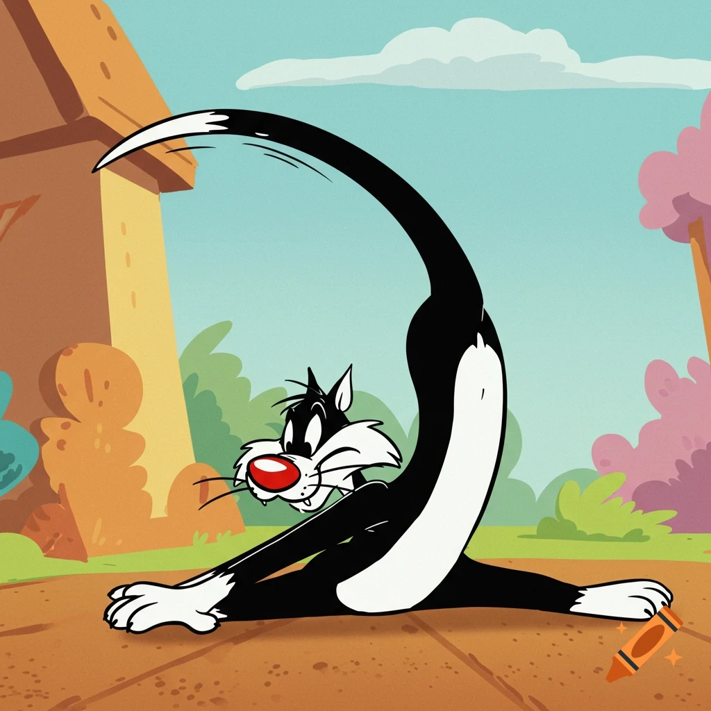 Sylvester the Cat does a backbend pose in a cartoon style