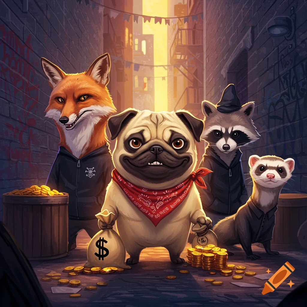 A pug, fox, raccoon, and ferret are dressed as thieves with money bags and gold coins in a city alley at sunset.