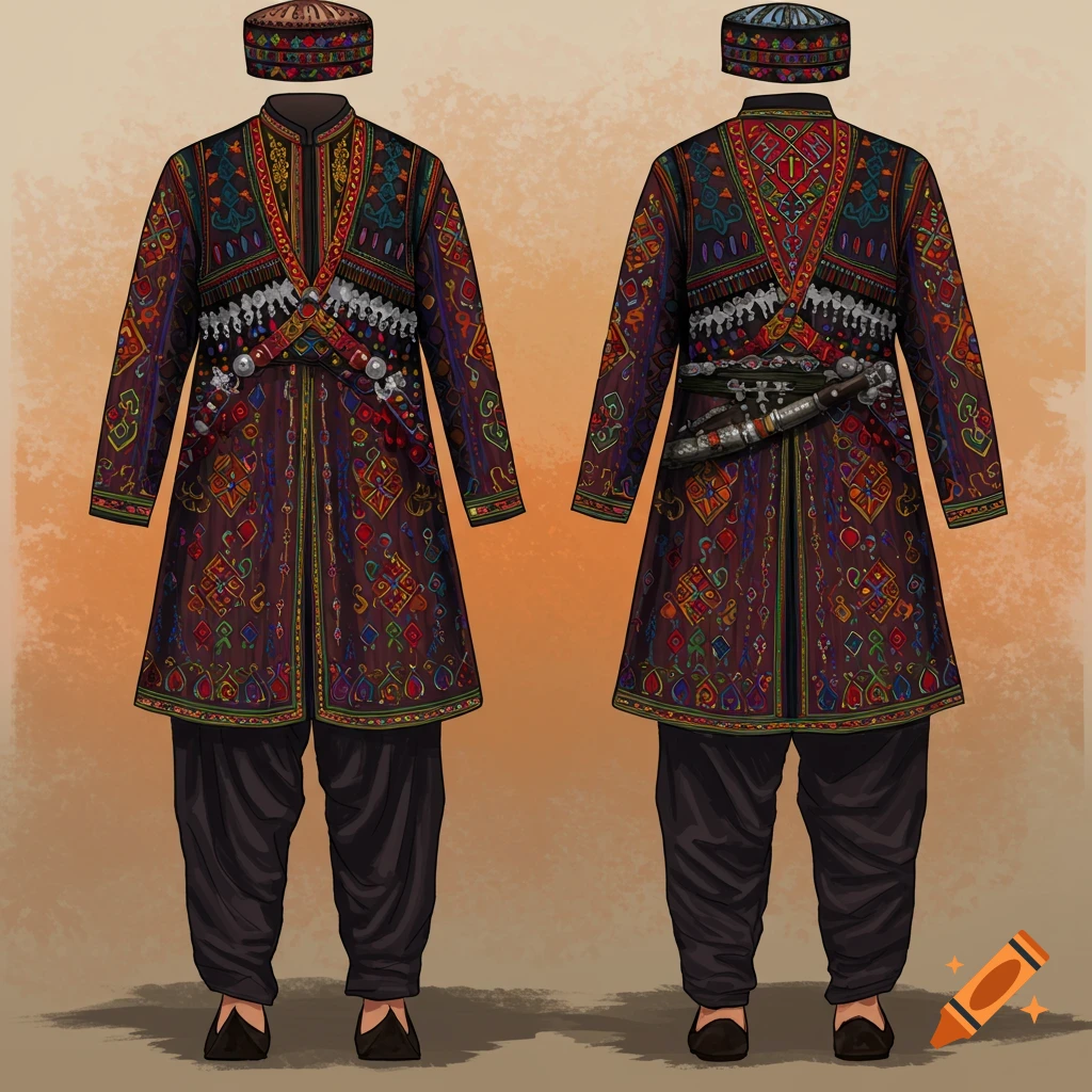Front and back views of ornate traditional Afghan Tajik clothing