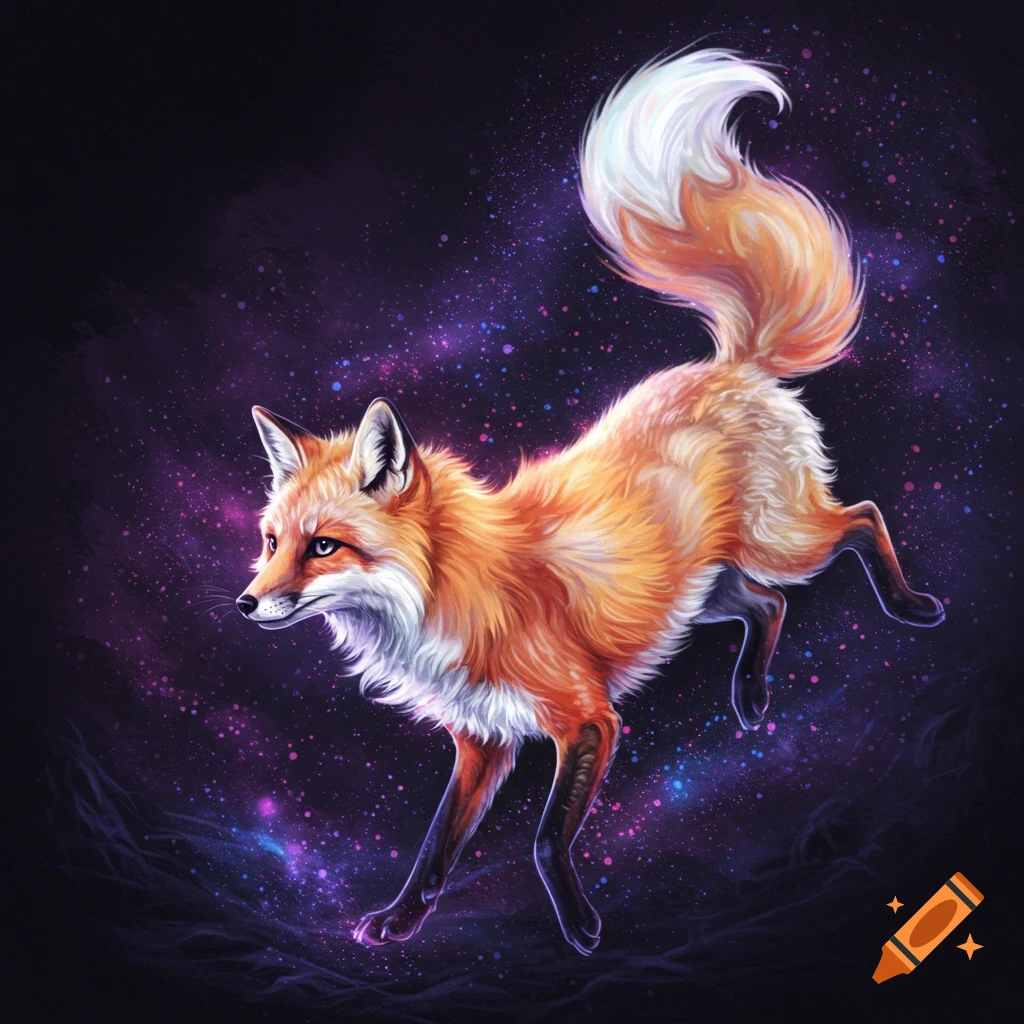A fox leaping against a purple and blue galaxy background