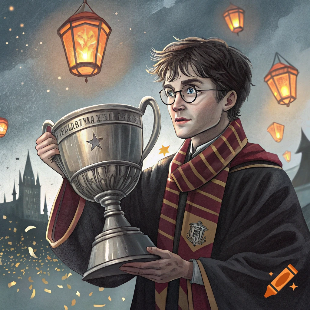 Stylized illustration of Harry Potter holding a large silver trophy, with floating lanterns and confetti, Hogwarts in background.