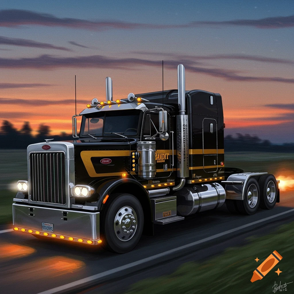 A black semi truck with gold stripes driving on a road at sunset.
