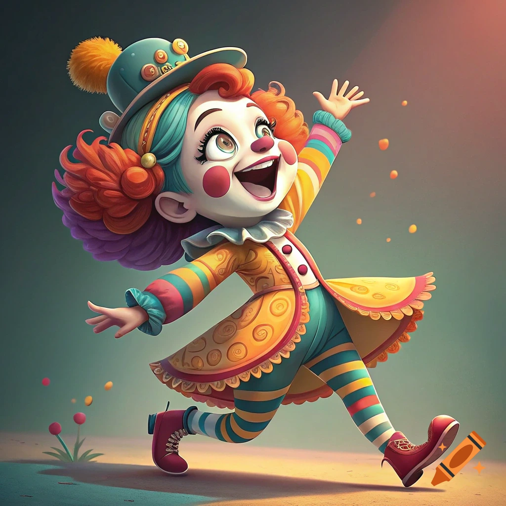 Cheerful cartoon clown running with arms raised, wearing a colorful striped and patterned outfit.