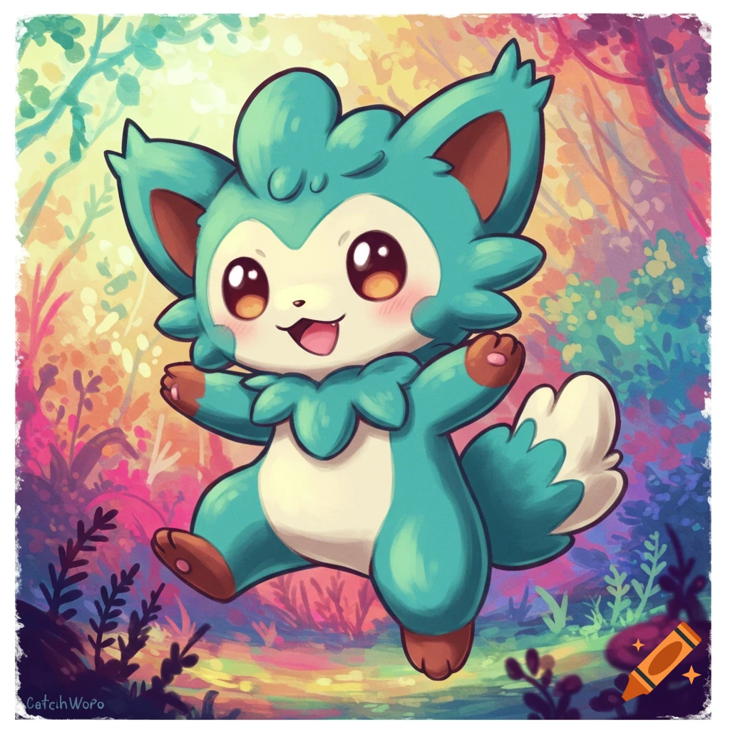 Cute teal creature similar to a pokemon stands in a colorful forest.