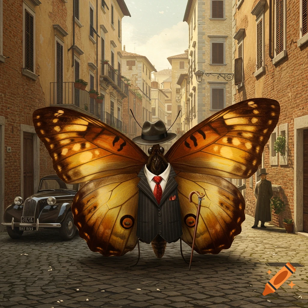 A large butterfly in a pinstripe suit and hat stands in a narrow Italian street with a vintage car.