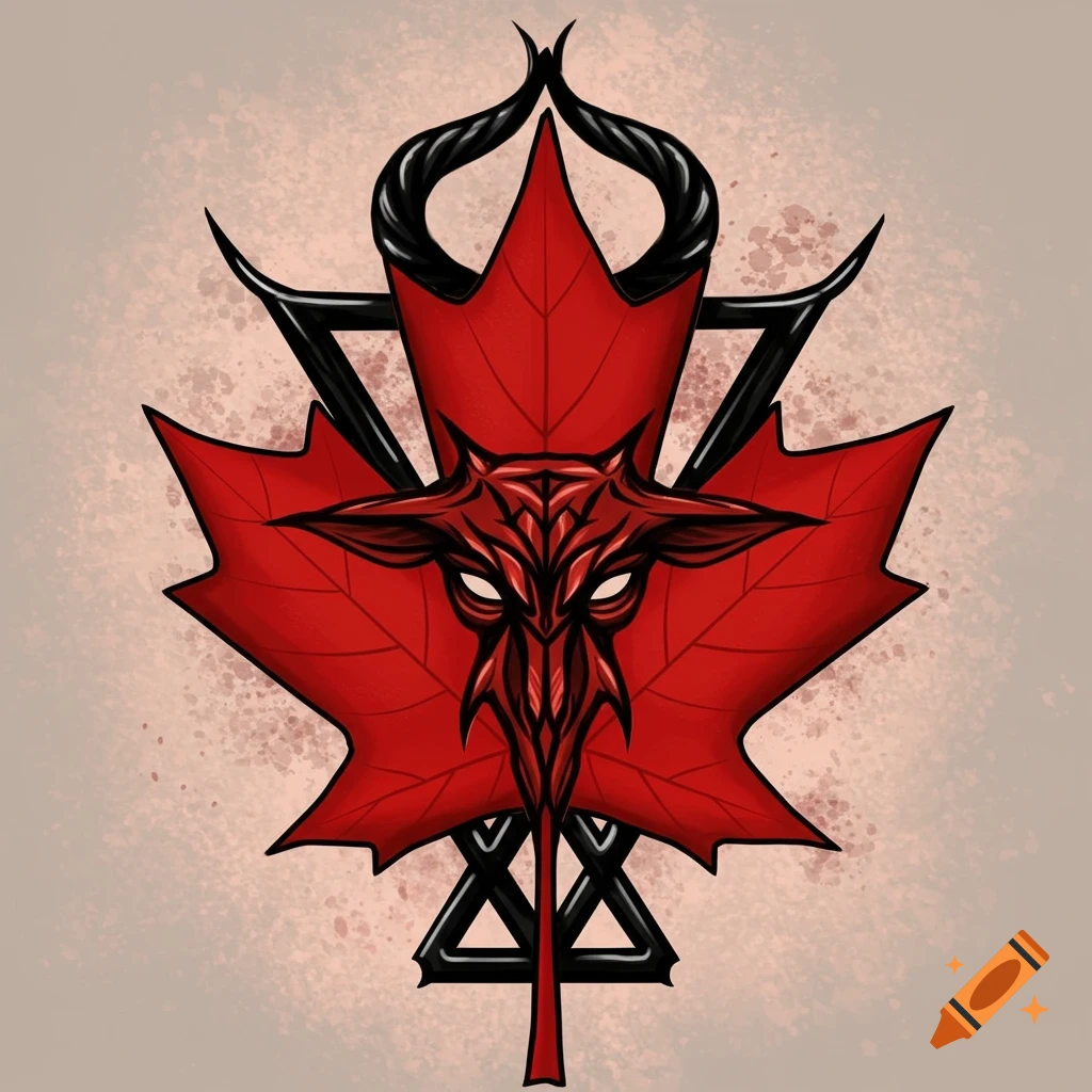 Stylized tattoo design of a red maple leaf combined with a dark, horned face symbol.