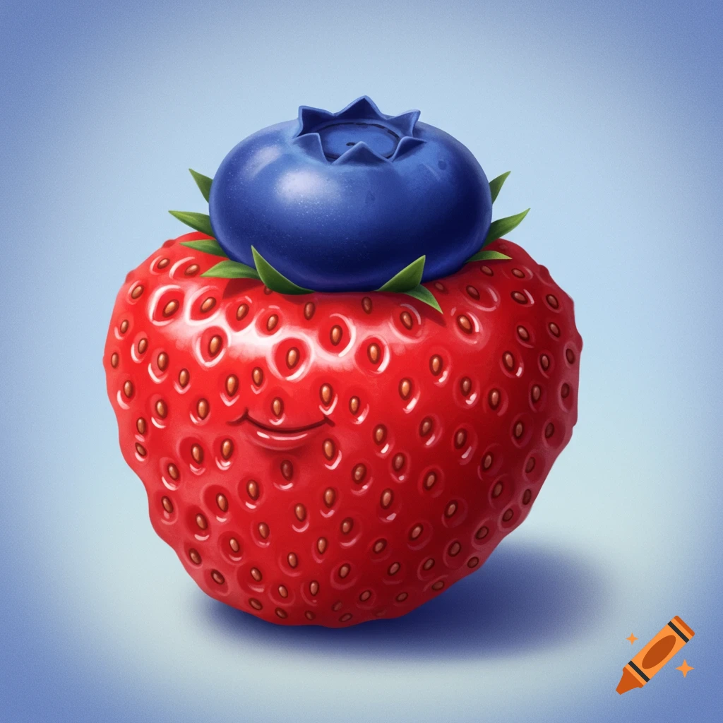 a smiling strawberry with a blueberry on top