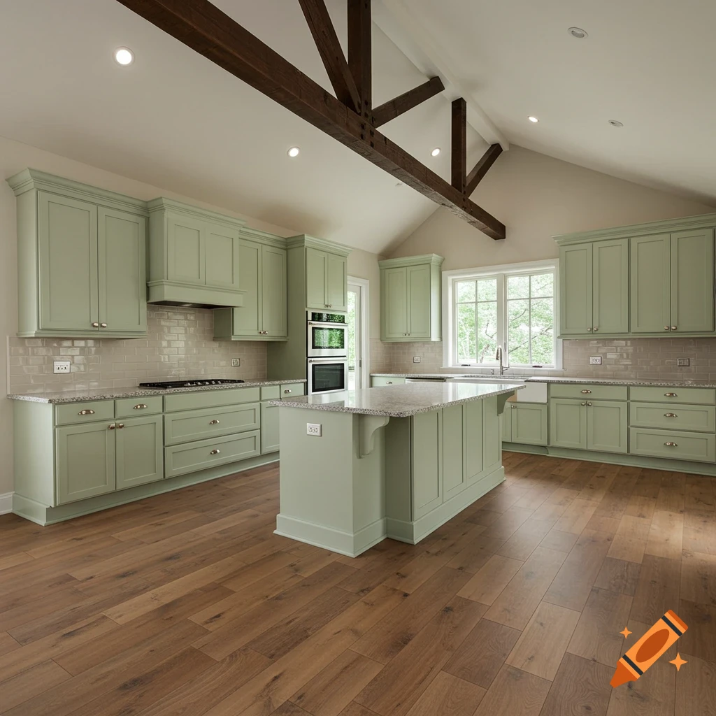 Spacious kitchen with light green cabinets, island, wood floor, vaulted ceiling with wood beams, and large window.