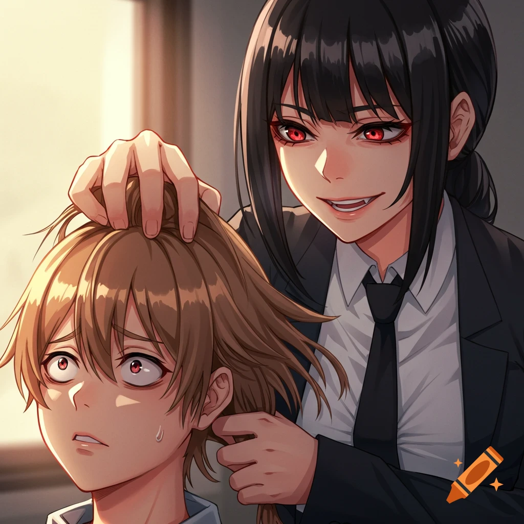 Anime image of a dark-haired woman in a suit pulling the hair of a scared person with brown hair.