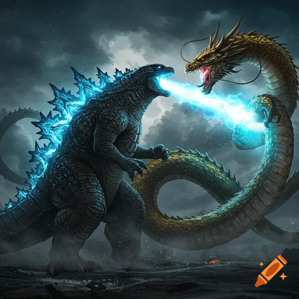 Godzilla battling a golden three-headed dragon with energy beams in a stormy setting.