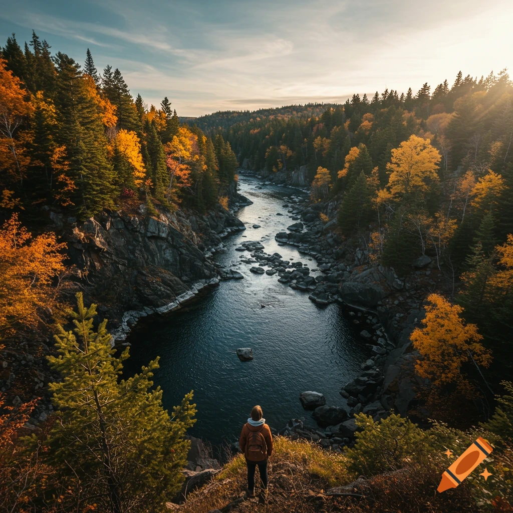 A person stands on a cliff overlooking a river flowing through an autumn forest valley.