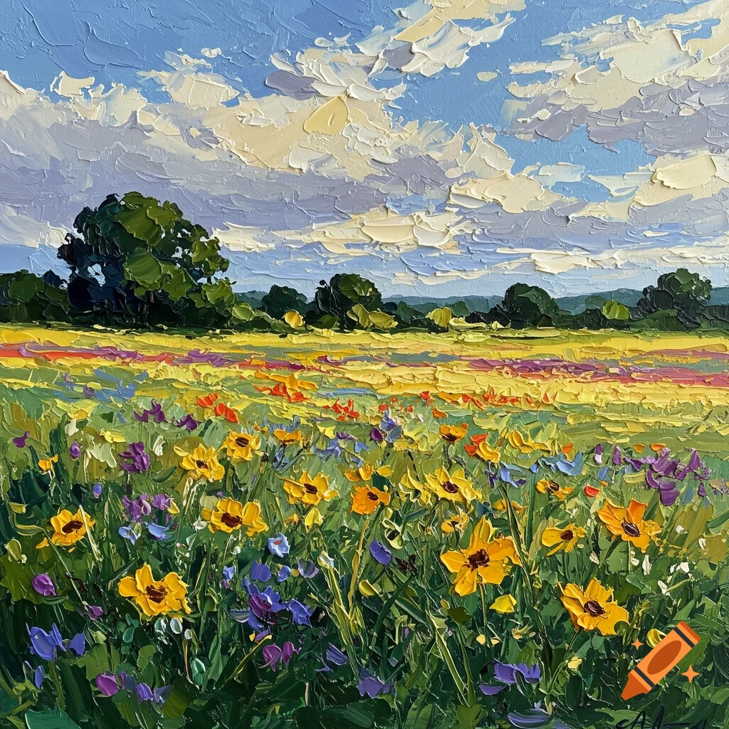 Impasto oil painting of a field of colorful wildflowers under a cloudy sky.