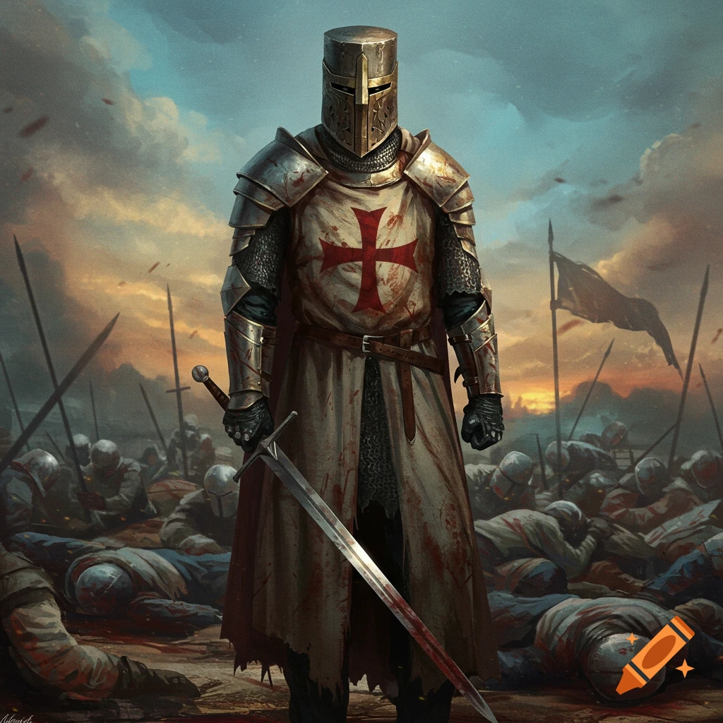 A Crusader knight stands on a battlefield among fallen soldiers.