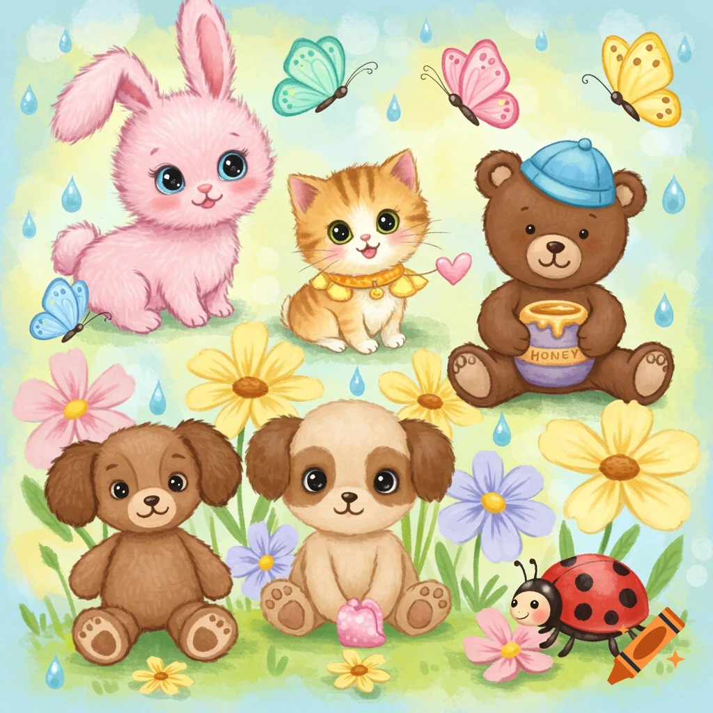 Cute cartoon animals in a flowery field
