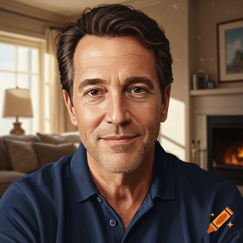 A man in a blue polo shirt in a living room.