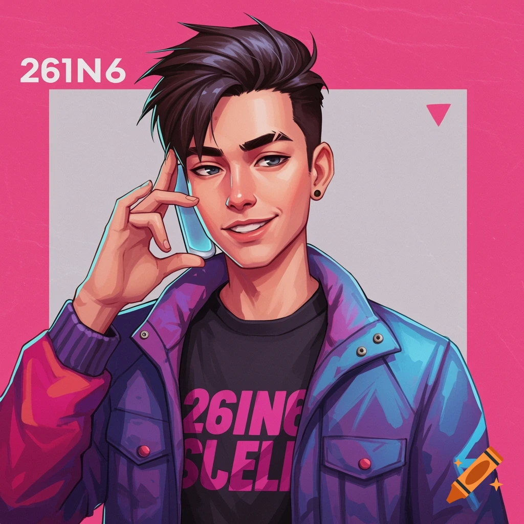 Stylized image of a young man in a trendy jacket against a pink background, with a logo overlay.