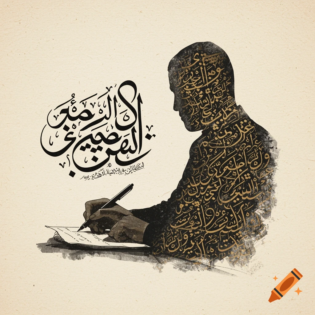 A profile silhouette of a person writing at a desk, filled with gold and black Arabic calligraphy. A large Arabic calligraphy phrase is placed next to them.