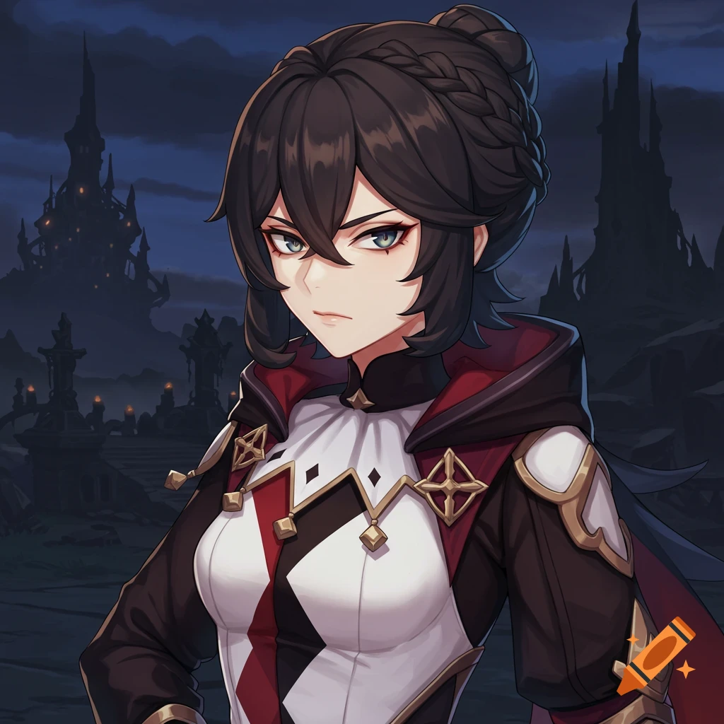 Anime-style portrait of a female character in a fantasy costume standing before a dark castle.