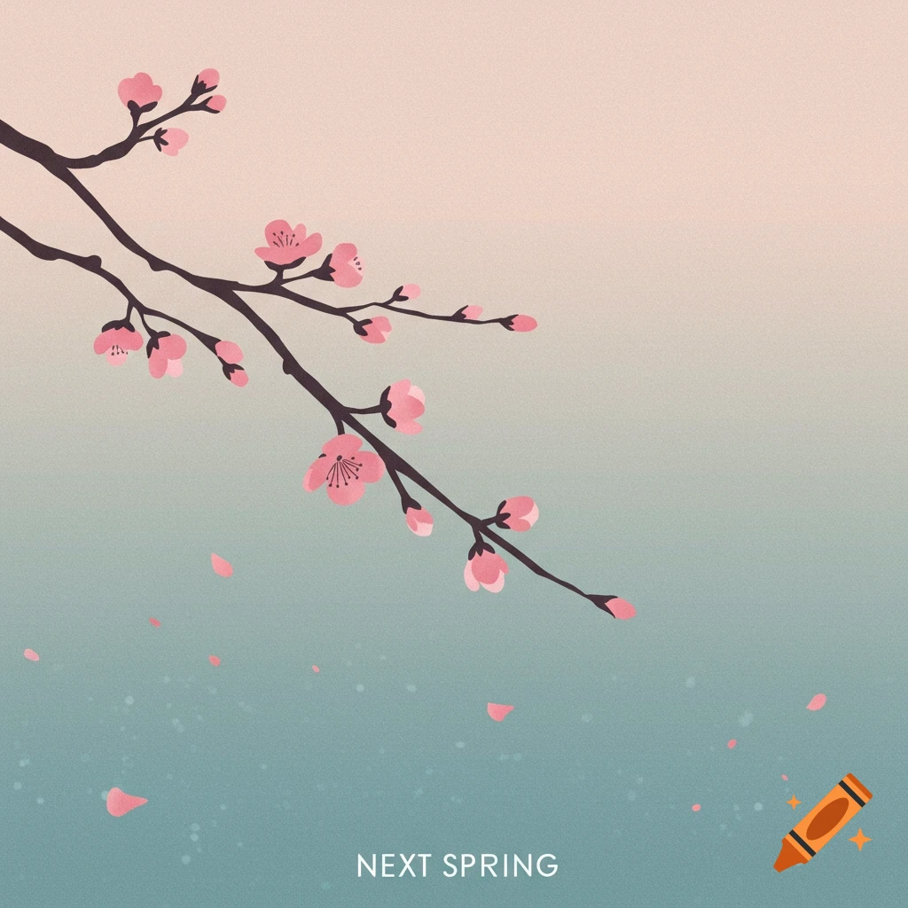 Minimalist illustration of cherry blossoms on a branch with falling petals and the text NEXT SPRING.