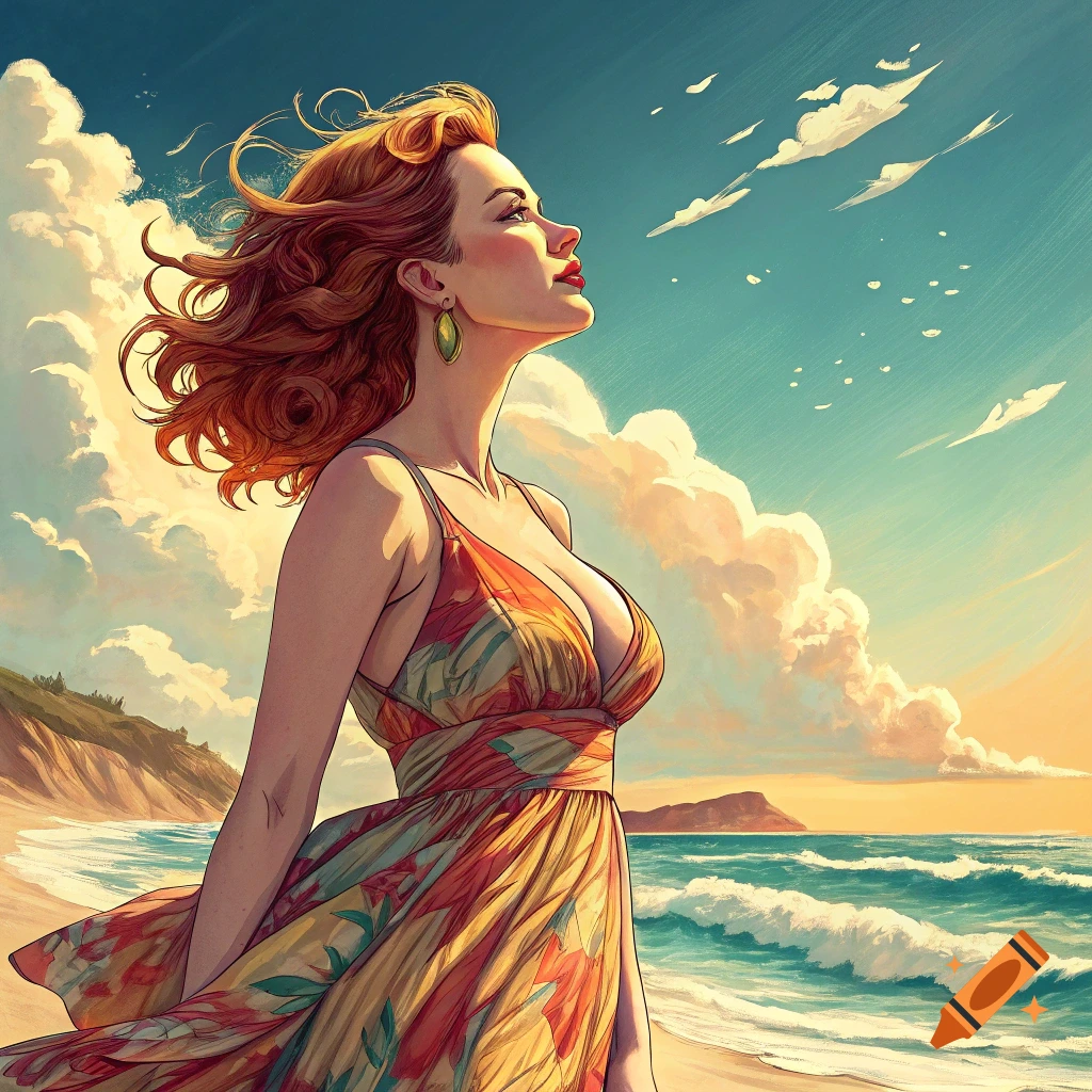 Illustration of a woman with red hair in a floral dress on a beach, looking up at the sky.