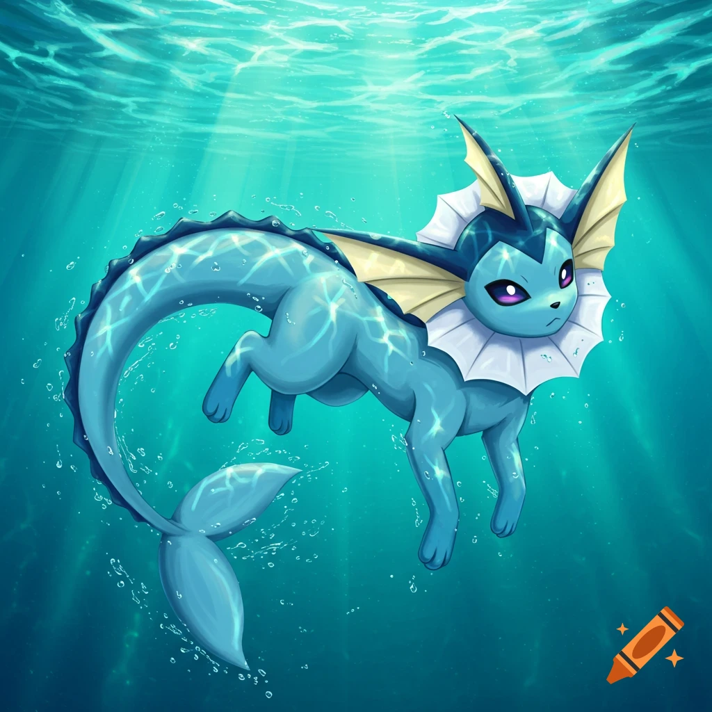 Vaporeon swimming underwater with light rays.