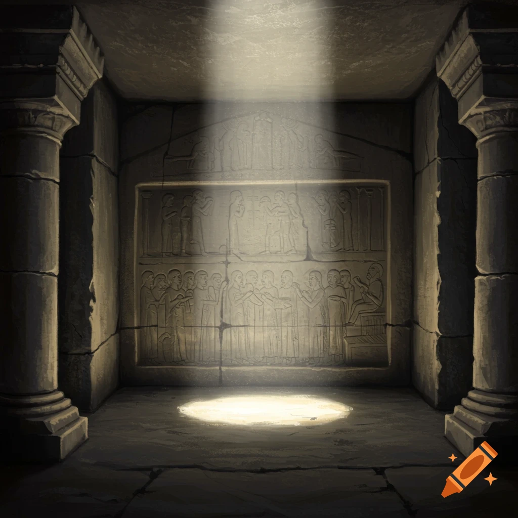 Dark ancient tomb interior with carved wall relief illuminated by a spotlight.