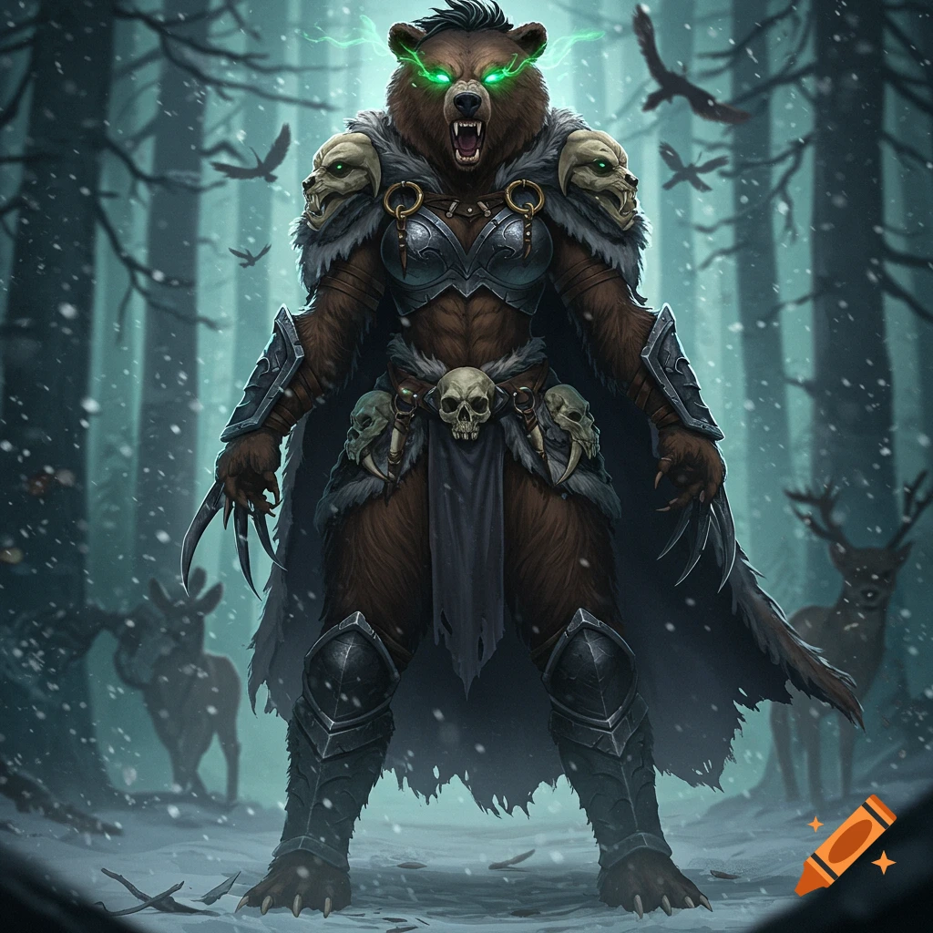 A fierce bear-woman in armor with glowing eyes stands in a snowy forest, adorned with skulls and claws.