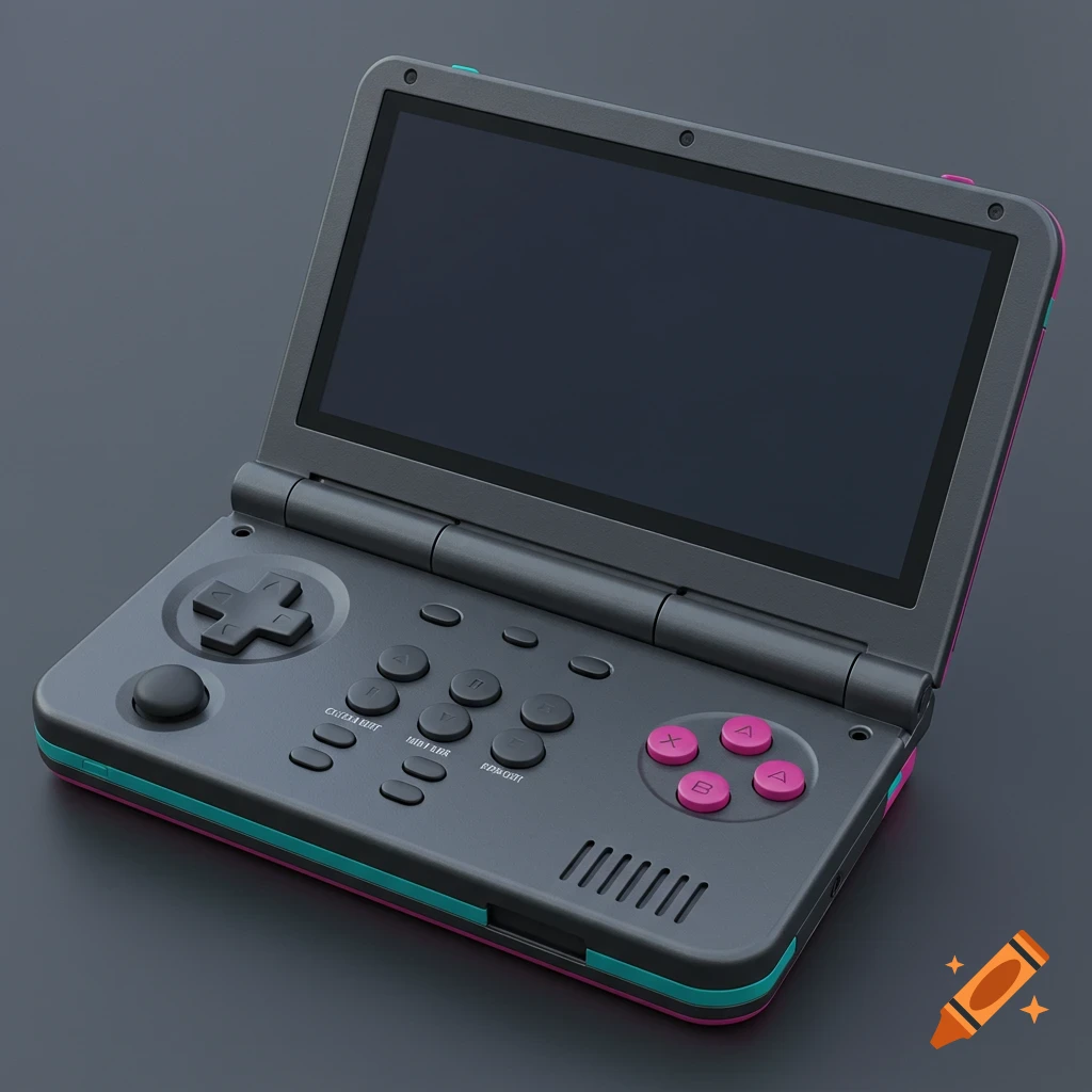 3D render of a dark gray clamshell handheld gaming console, open to show the screen and controls with teal and magenta accents.