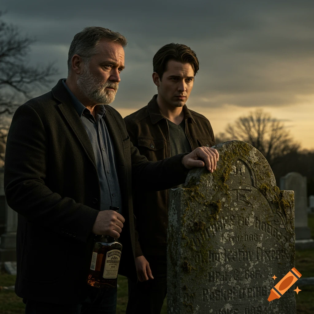 Two men stand next to a gravestone in a cemetery at dusk. One man holds a bottle.