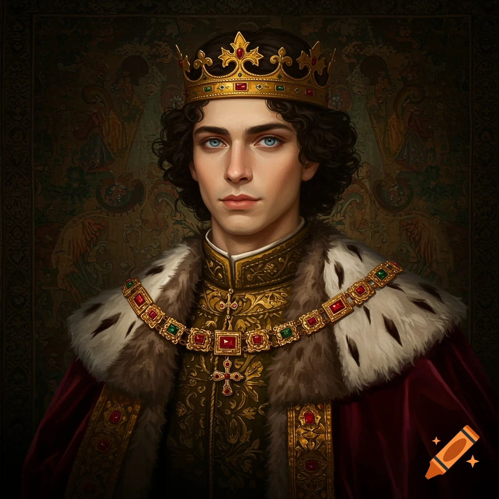 Renaissance portrait of a young king with curly hair and blue eyes wearing a jeweled crown and fur-lined cape
