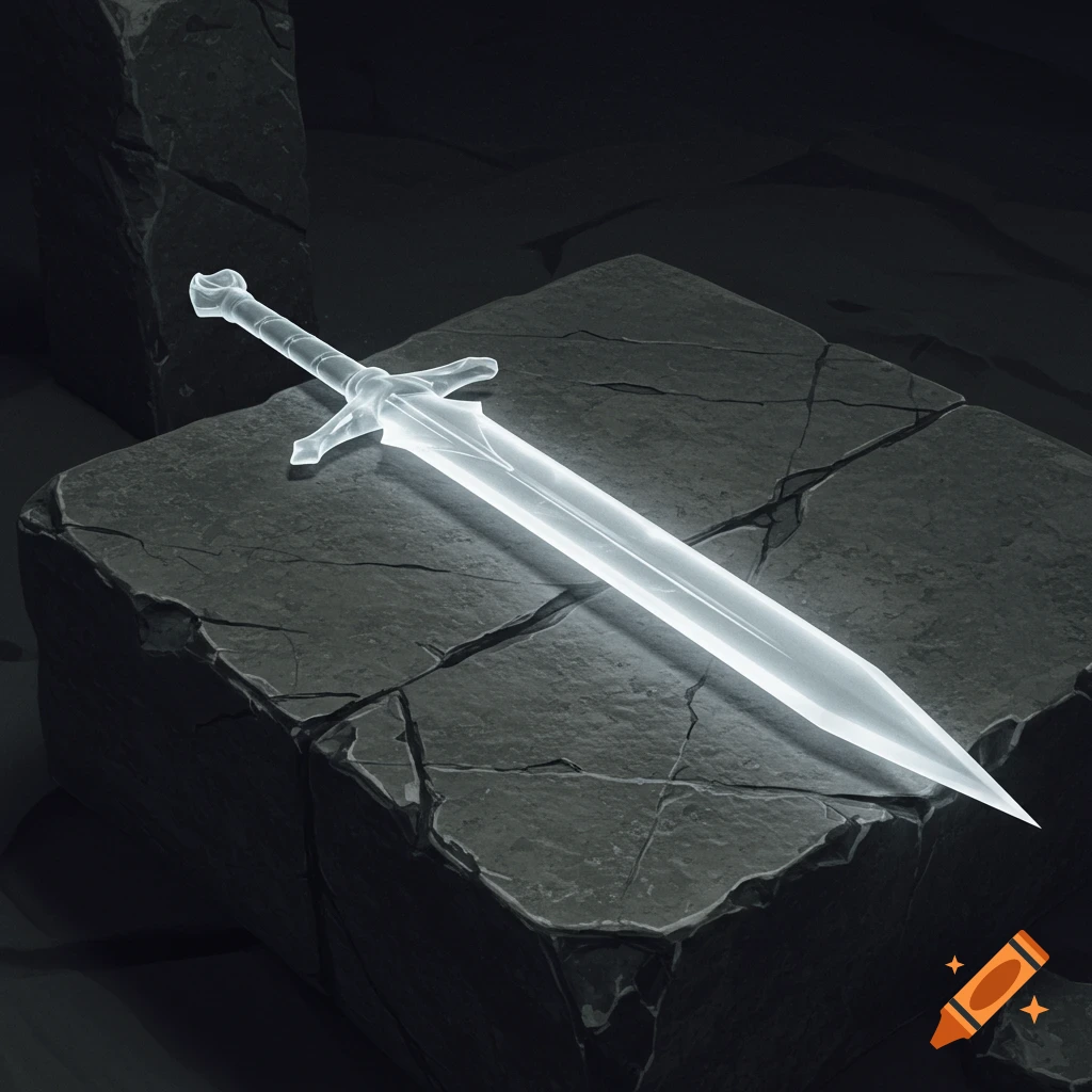 A glowing translucent longsword rests on a cracked stone block.