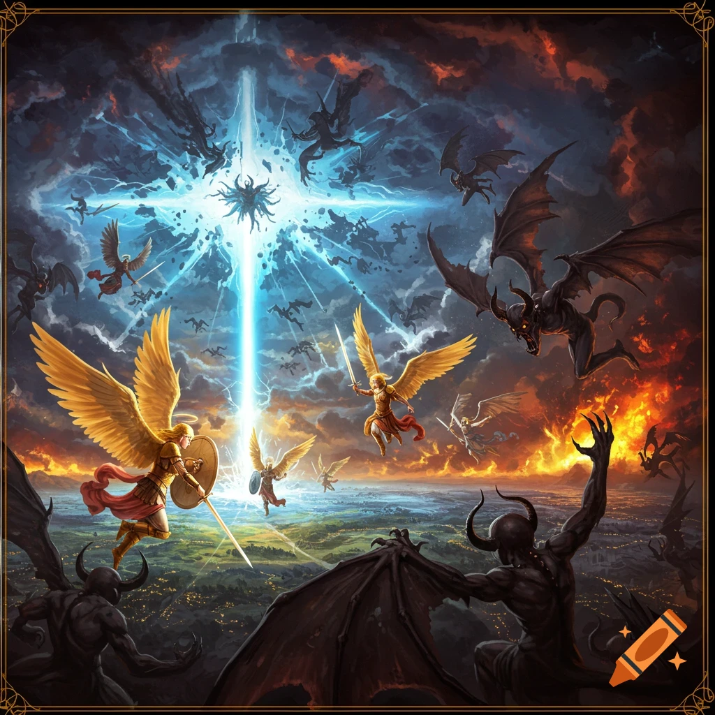 Angels battle demons above a city, centered around a bright glowing cross.