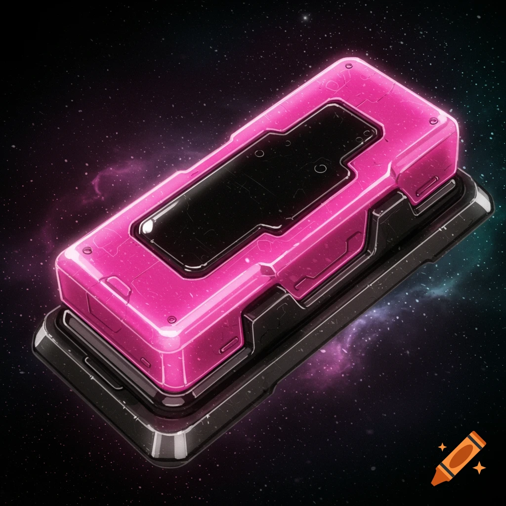 A pink and black rectangular sci-fi device floating in space.