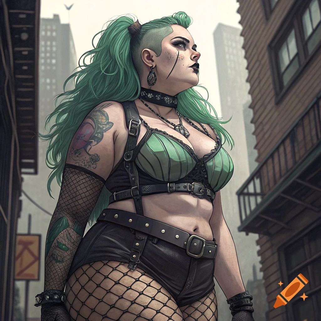 Illustration of a goth woman with green hair and alternative clothing in a city alley.
