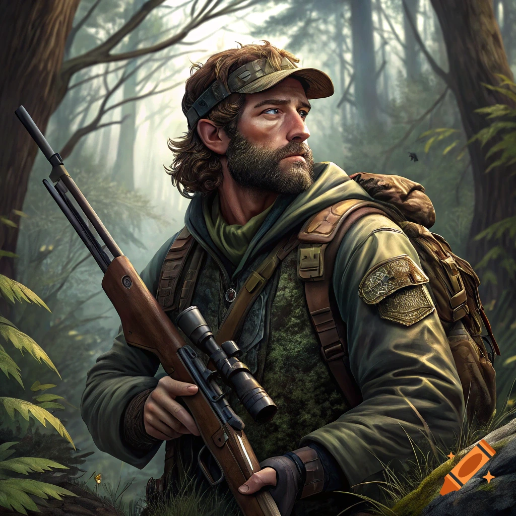 Illustration of a hunter with a rifle in a forest.