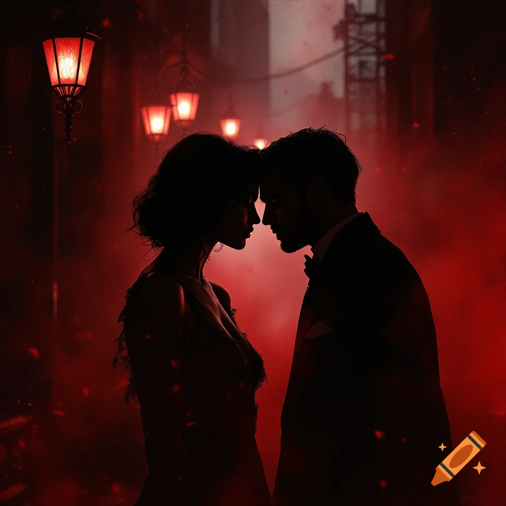 Silhouette of a couple touching foreheads in a moody, red-lit street with lamps, digital art.