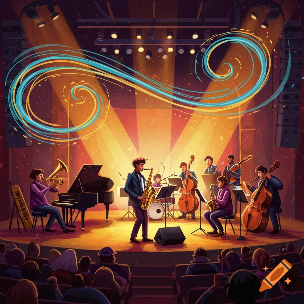 Jazz orchestra playing on stage with swirling lines above them.