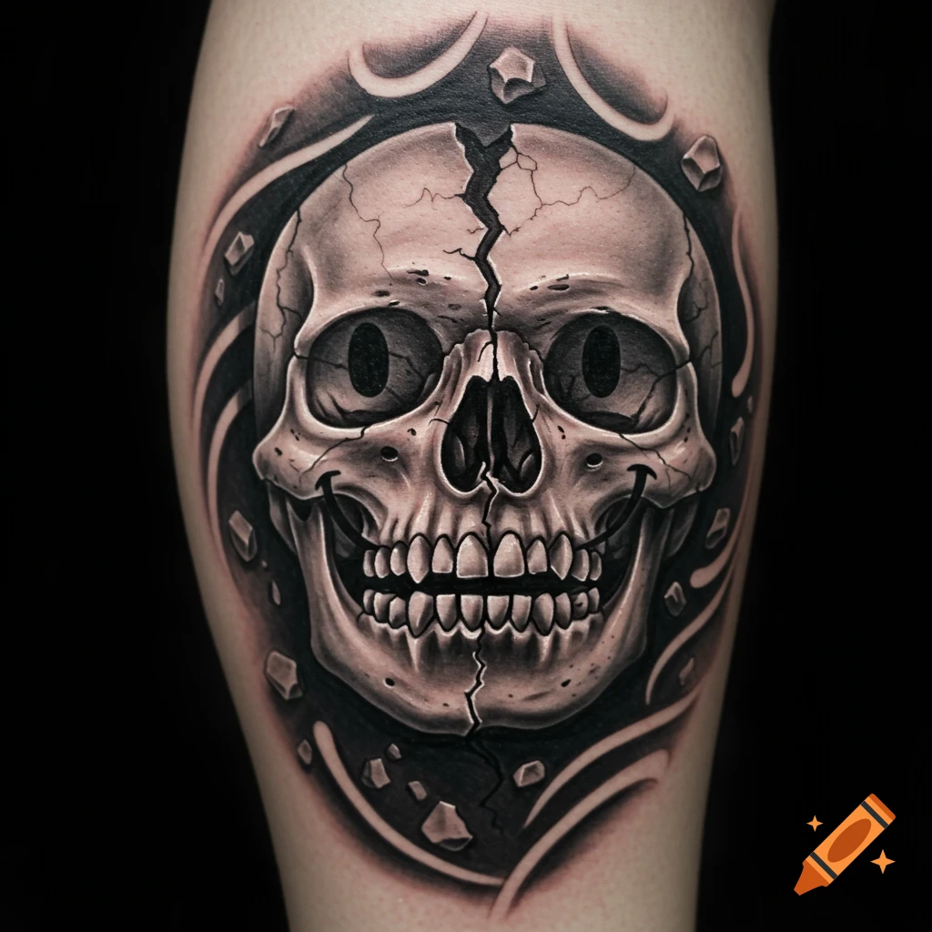 Black and gray tattoo of a cracked skull with unique eyes on skin