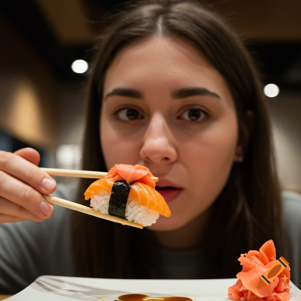 Close-up portrait of a woman eating sushi with chopsticks.