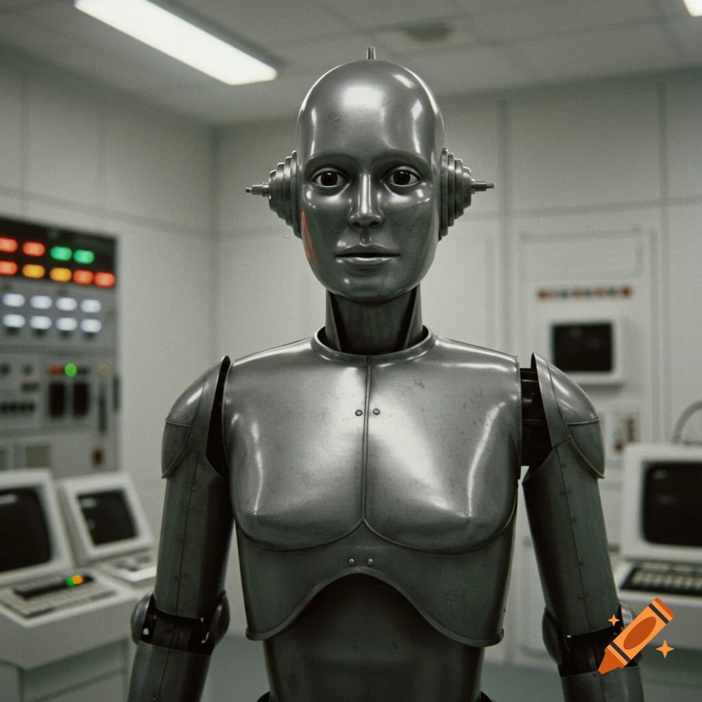 Humanoid robot in a control room, 1970s style photo