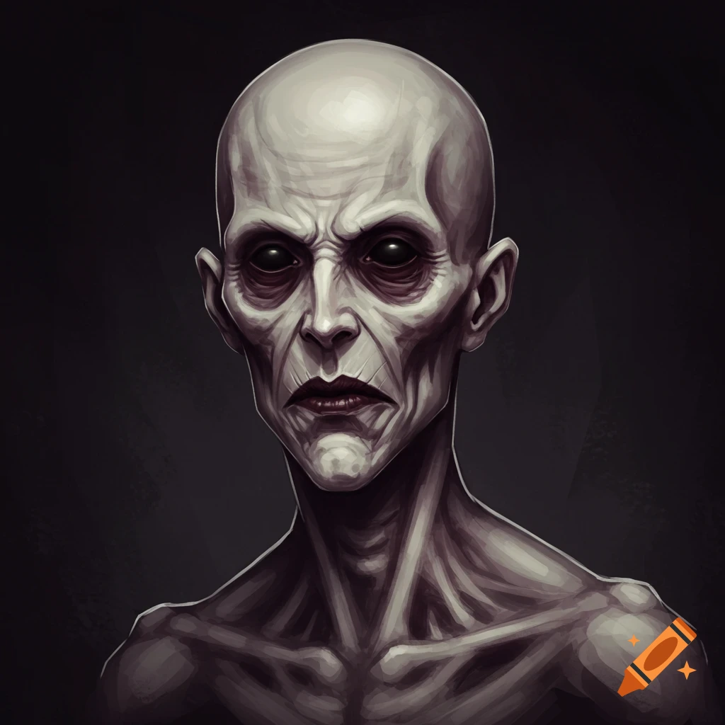 A gaunt, pale figure with dark eyes.