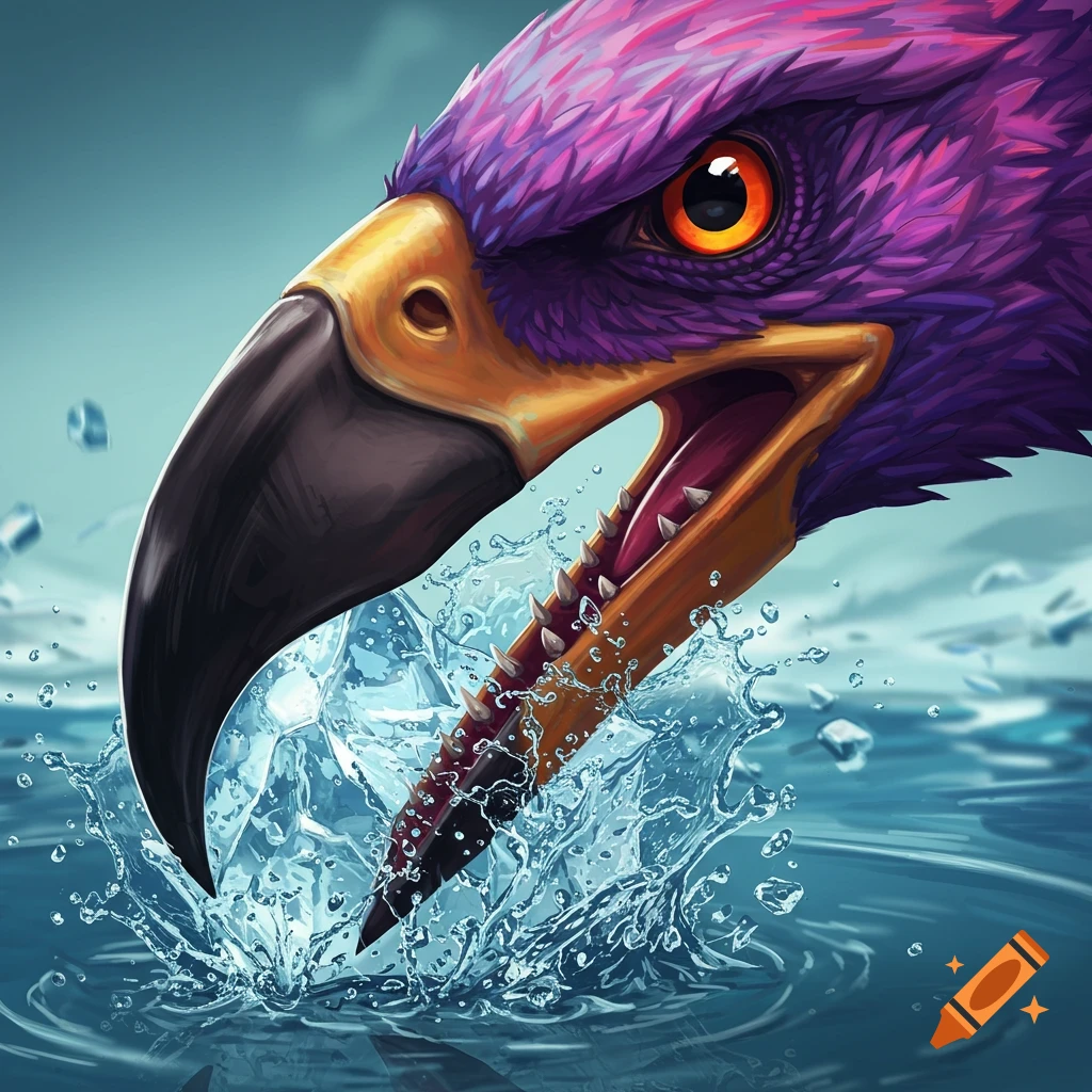 A purple fantasy bird with a sharp beak bursting through water and ice.