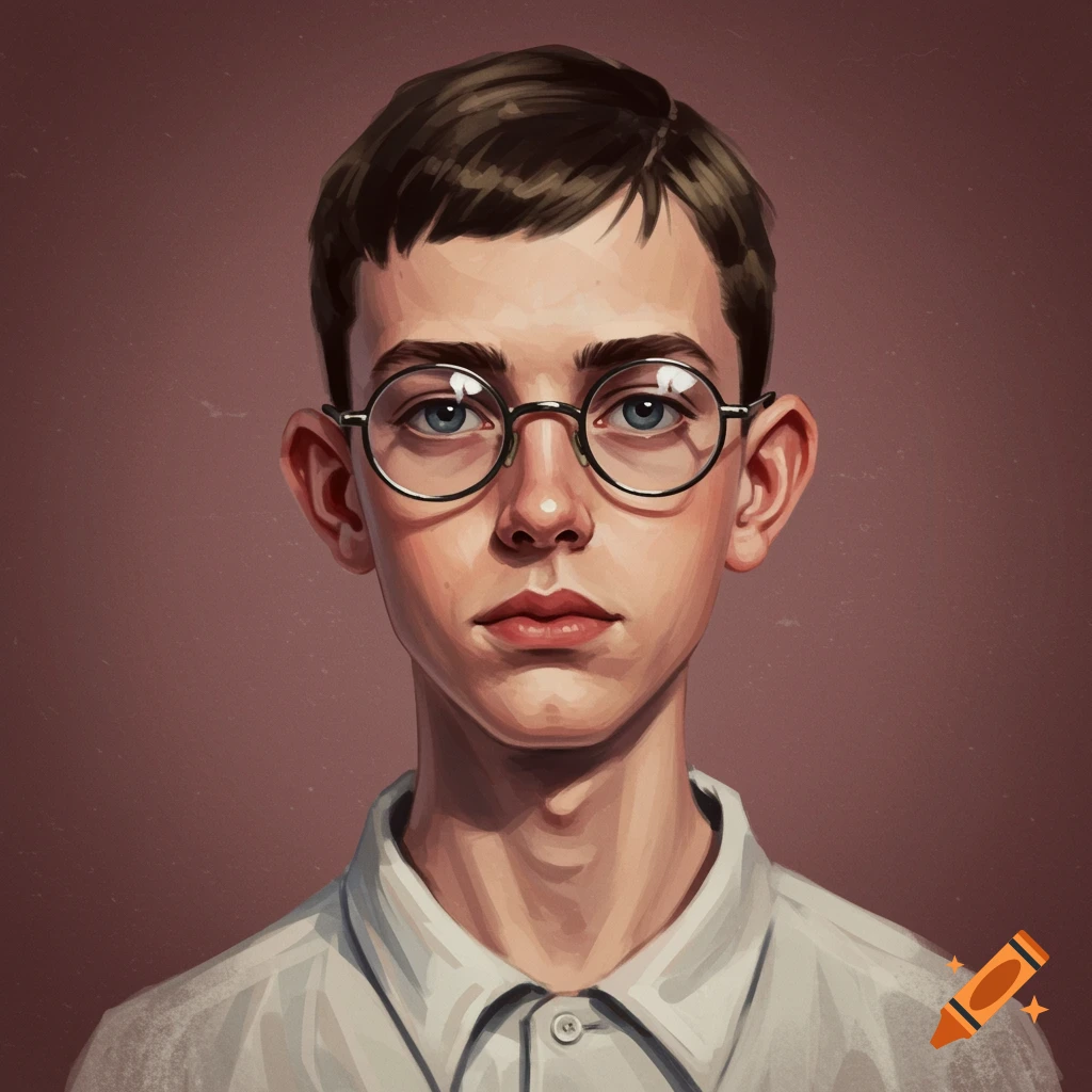 A young person with round glasses is wearing a white shirt.