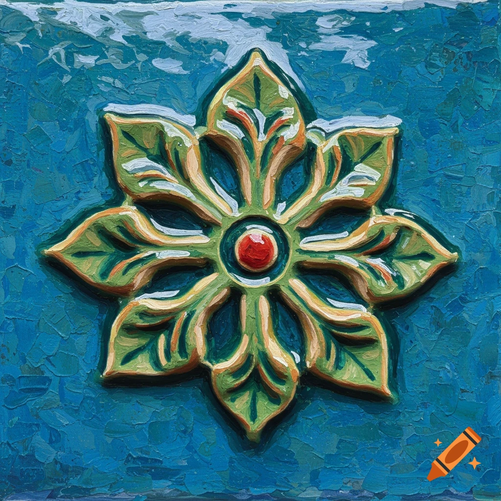 A decorative motif on a textured blue background.