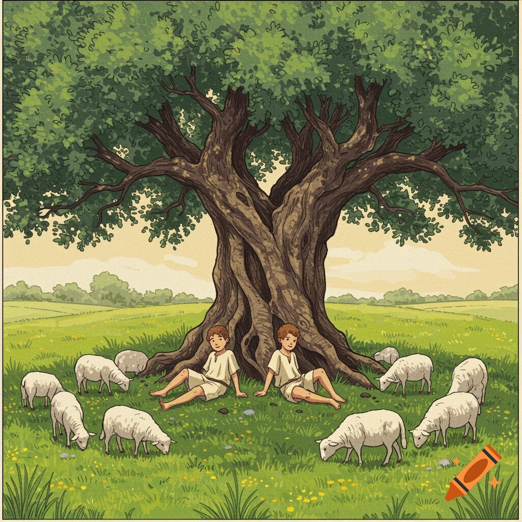 Two young boys sit under a large tree with sheep grazing in a field. Classical illustration style.